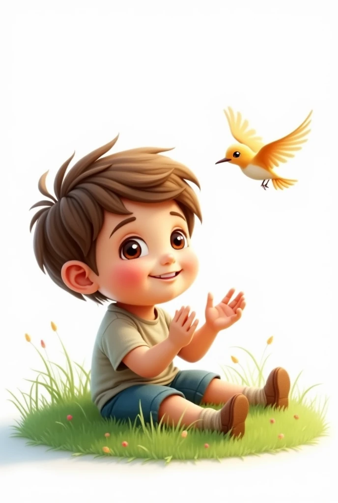 white background,best quality,little smart boy,siting on grass,look at the little bird,raising his hands to the little bird,cute beautiful little bird flying,cute boy smiling
