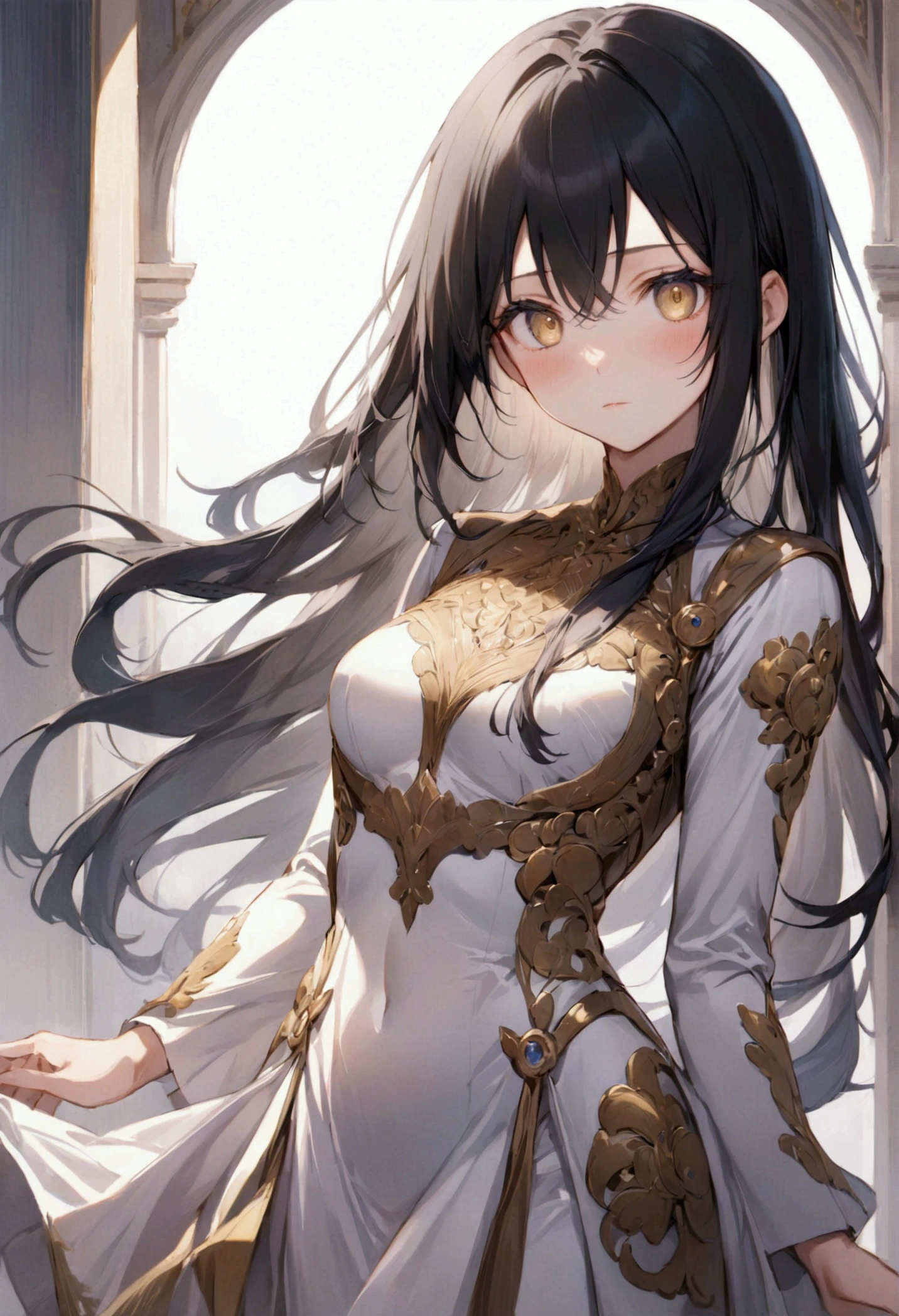 Anime girl with long straight black hair with white highlights, golden eyes, detailed body, detailed eyes, masterpiece, best quality, aesthetic, standard pose