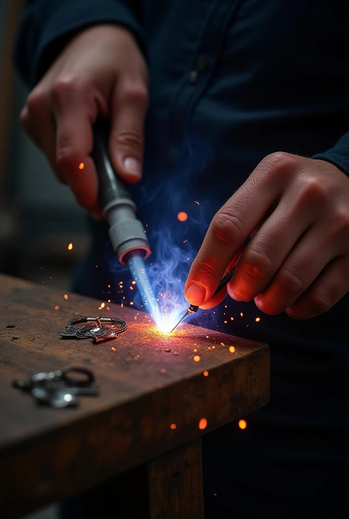 hands welding an earring with fire