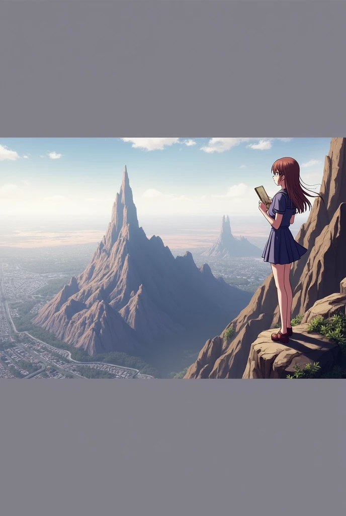 (Extremely detailed and high-quality illustrations)(Anime style)A girl in a blue and white Soviet sailor suit stands on the top of a mountain，Overlooking the city in front and the wasteland in the distance，Hands holding vintage notebook and pen，The girl&#39;s hair and eye color are both chestnut，And a well-proportioned figure，Wearing black frame glasses