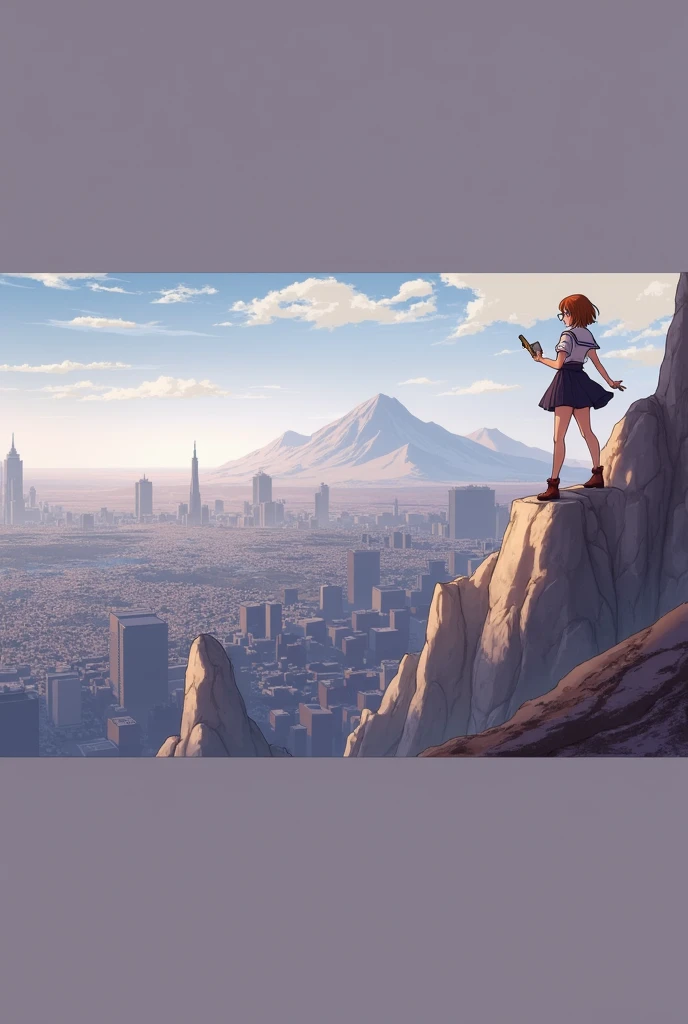 (Extremely detailed and high-quality illustrations)(Anime style)A girl in a blue and white Soviet sailor suit stands on the top of a mountain,Overlooking the city in front and the wasteland in the distance,Hands holding vintage notebook and pen,The girl's hair and eye color are both chestnut,And a well-proportioned figure,Wearing black frame glasses
