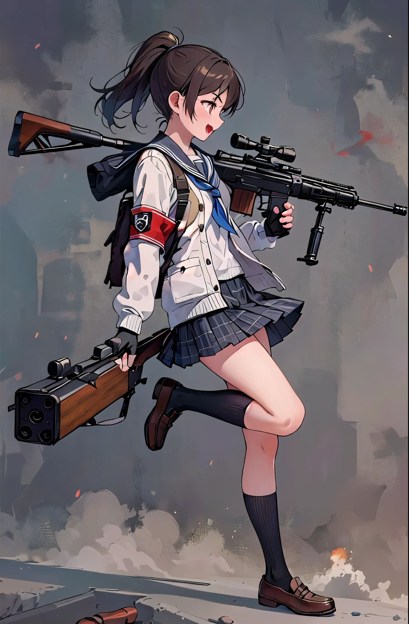 1girl, solo, long hair, open mouth, skirt, brown hair, black hair, gloves, holding, twintails, brown eyes, school uniform, jacket, full body, ponytail, weapon, pleated skirt, shoes, black gloves, socks, fingerless gloves, holding weapon, from side, gun, plaid, kneehighs, plaid skirt, brown footwear, white jacket, black socks, loafers, holding gun, rifle, smoke, brown skirt, sniper rifle, firing, scope, suppressor
