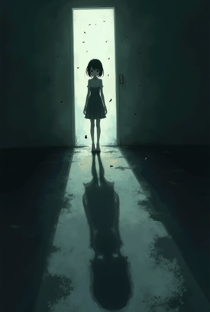 An isolated  girl stands alone in a dimly lit room, their shadow stretching long and dark across the floor. The room, though filled with fragments of light, feels heavy and muted. The figure’s gaze is distant, lost in thought, as shards of light seem to float around them, representing their fragile state. The atmosphere is a blend of melancholy and introspection, with a sense of looming fragility.