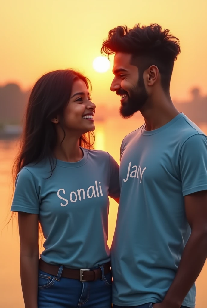 A couple on sunset there have a river and both are wearing a t-shirt and boy t-shirt print with Jay and it's color is light blue and girls t-shirt is printed with Sonali. Face with camera side with love and smile face look each other.and both are having Indian face girl is quite chubby and boy is slim with new growth beard 
