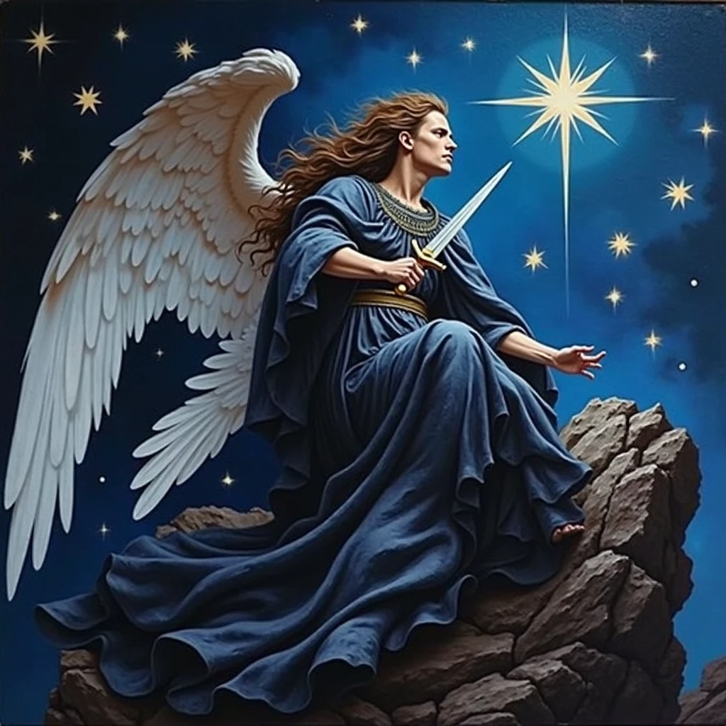 an image of a painting of an demon with a sword, icon with a halo of fire, , oil canvas of lucifer, the angel, holy iconography, archangel, lucifer, of lucifer,, to fathom hell ,go angelic,