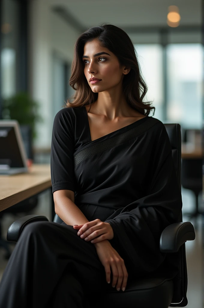 women in black saree age 30 sitting
on office chair