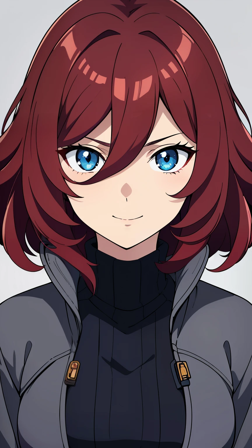 s(high-quality, breathtaking),(expressive eyes, perfect face) 1girl, female, solo, young adult, feminine face, red color hair, dark blue eye color, fluffy wavy hair, short hair length, Symmetrical Eyes, portrait, half body, cute smile, grey background, hair between eyes, black turtle neck, winter jacket, tomboy
