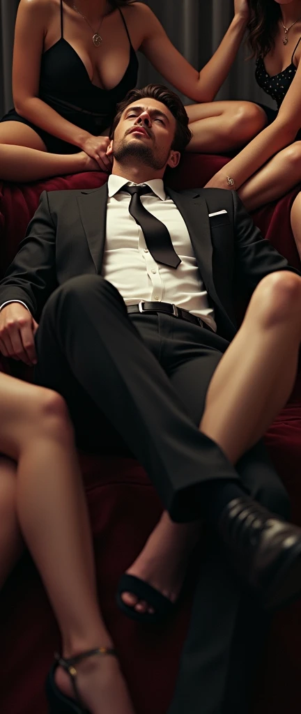 stylish man in suit and tie recline laying flat while while girls are laying around, legs in frame