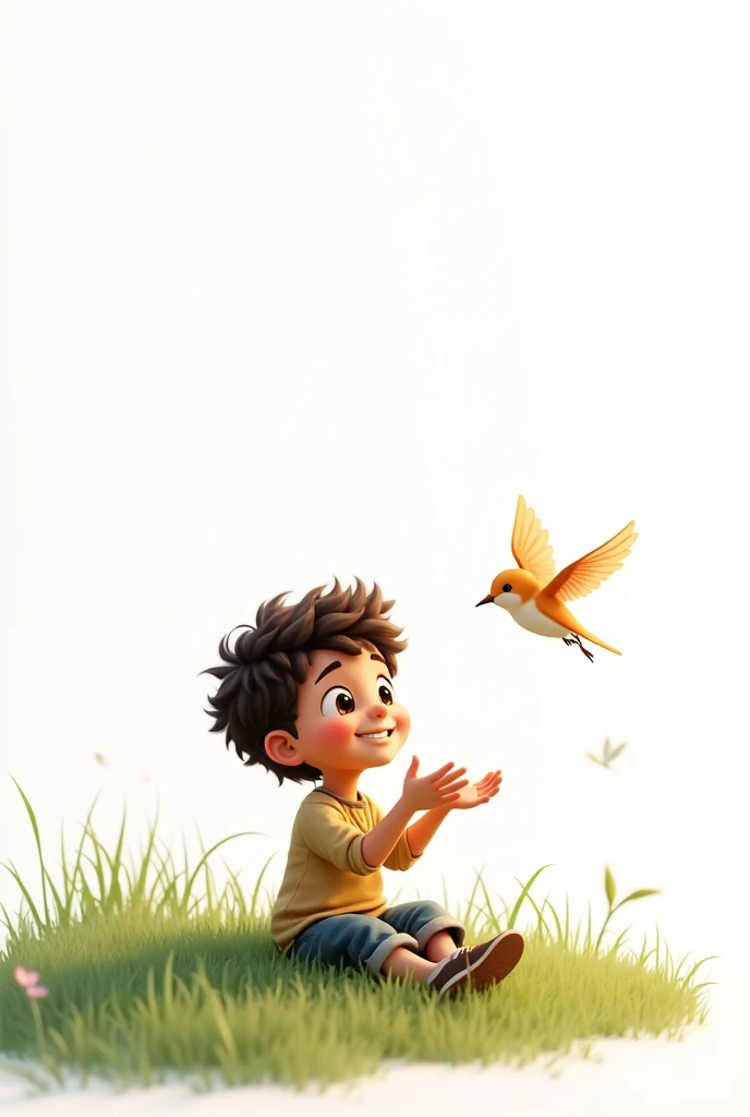 white background,best quality,little smart boy,siting on grass,look at the little bird,raising his hands to the little bird,cute beautiful little bird flying,cute boy smiling