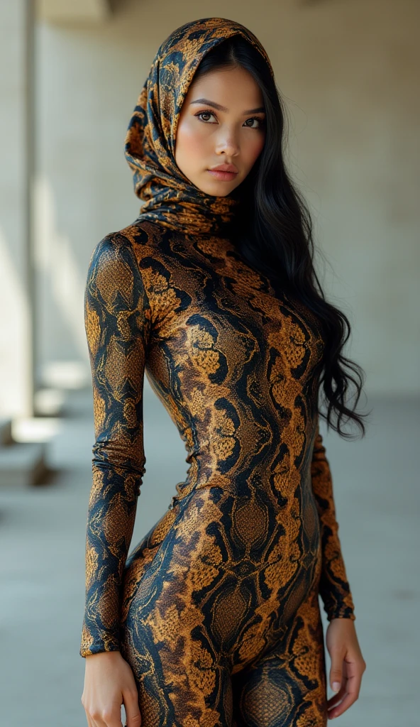 There is the most beautiful Asian Malay beauty wearing glasses wearing a snake print turtleneck unitard catsuit made of spandex。She wears a snake print hijab made of spandex every day。