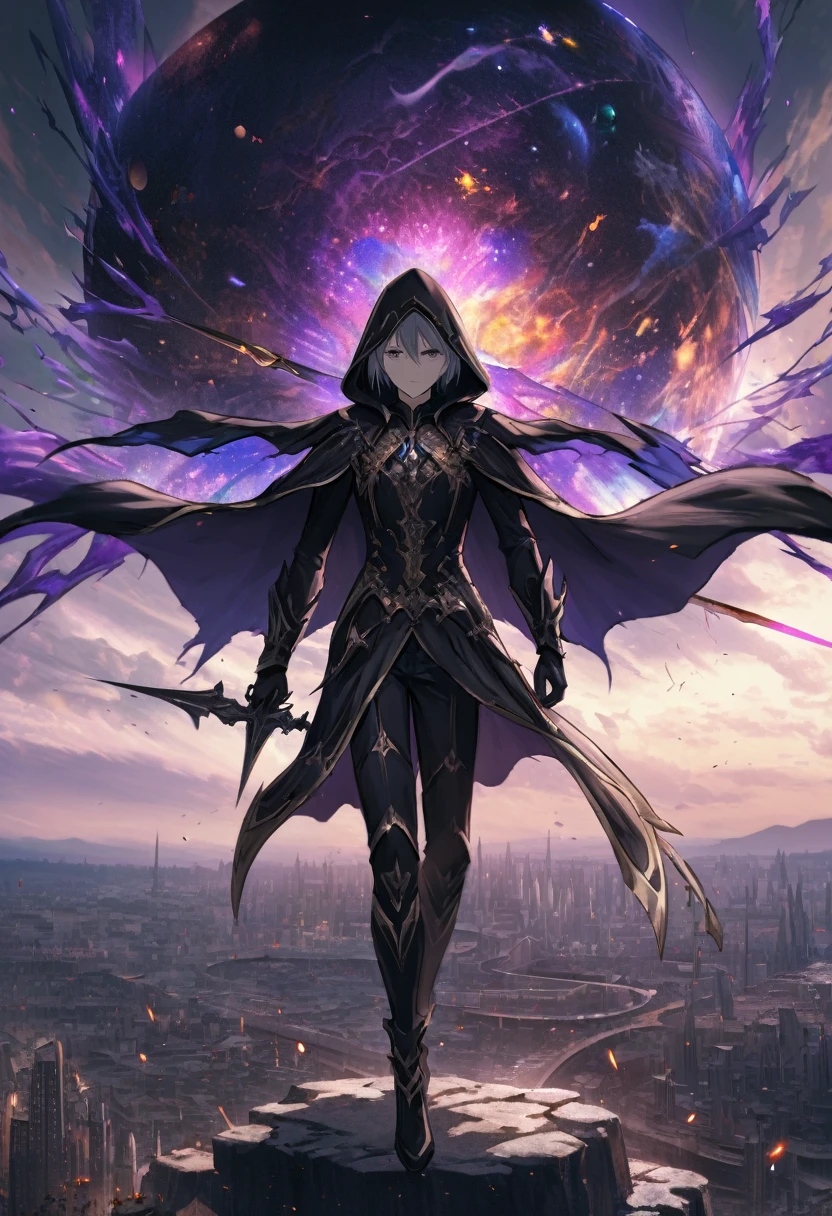 a character from the anime I Want to Become a Shadow Powerful, Shido Kageno, wearing a black hooded cape with gold trim, all-black outfit, dark expressionless, holding a dull shining rapier up to the sky, floating in the sky above a European-style city, background, ominous swirling white and purple clouds, night sky, iridescent cosmic rays bursting, conceptual installation art, (ultra detailed, absolutely resolution, best quality:1.3), 2.5D, delicate and dynamic effects, artistic, hyper, graphic CG digital fantasy art