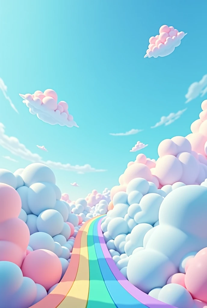 A long rainbow path above the soft pastel-toned blue sky with clouds and sky islands floating in the air, 3D Pixar animation style, Simple and smooth curve expression