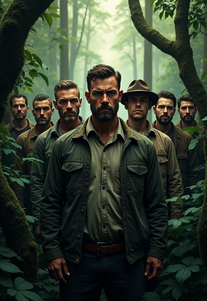 mugshot of men standing in the forest
