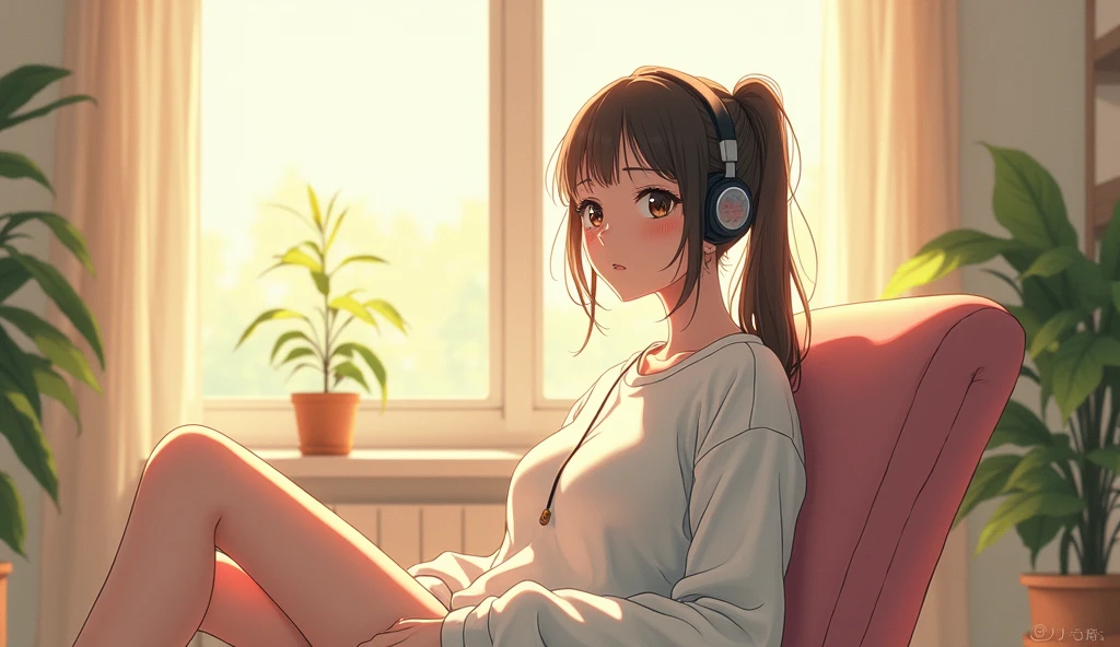 morning、Listen to music in the room、Sit on a chair、high school girl、Big Breasts、 relax、White sweatshirt、ponytail、Use headphones, Bright environment、2D-style animation, Lo-Fi、Retro、Anime style illustrations、Line art with clear outlines