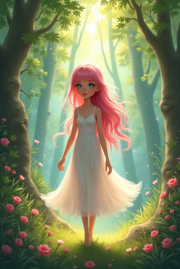 a girl in a white dress and pink hair is walking through the woods, anthro art, childrens art in artstation, full art, portrait of a forest mage, zenra taliyah, furry fantasy art, a druid, lalafell, cushart krenz key art feminine, beautiful young wind spirit, artgerm lau, adorable digital painting