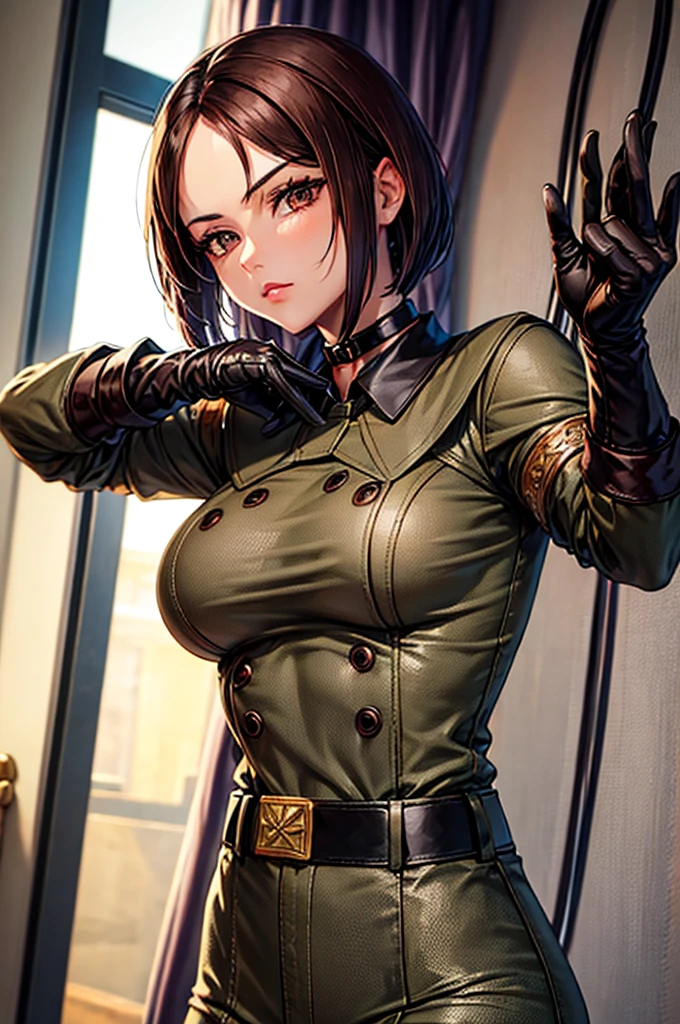 Browsing Caution, (Best image quality,highest quality,Highest Resolution, Ultra-Realistic Images,Very detailed,masterpiece,8k),One Woman,Whipping,Brown medium hair,Khaki military uniform,Leather gloves,Leather boots,((With a blue whip)),((Sticky with sweat)),Big Breasts, Erect nipples,((Pull up your clothes to expose your breasts,Showing off big areola)),blush, Eyes in Love, Dynamic pose ,Browsing Caution,