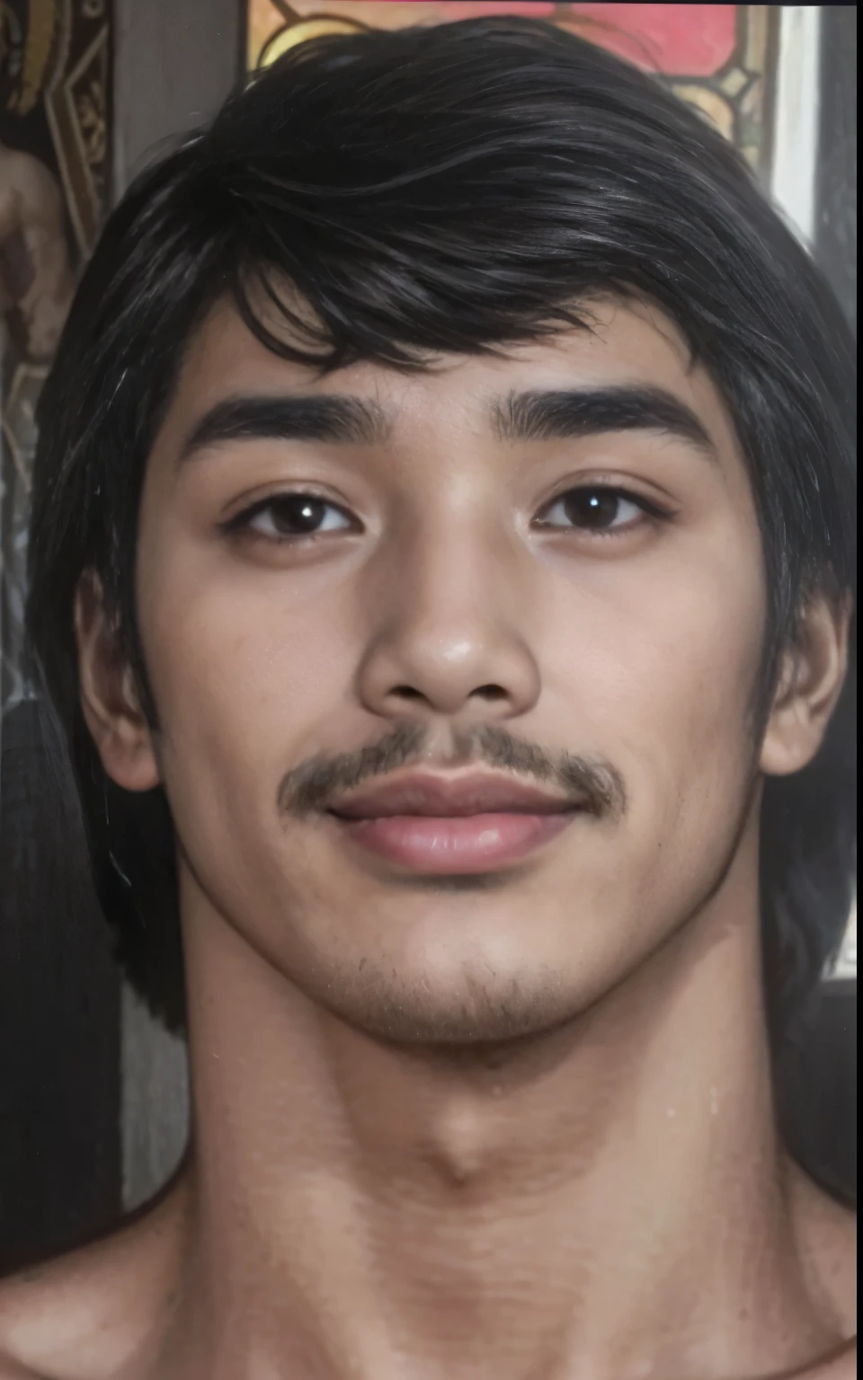 hyperrealistic digital brush painting art by (alphonse mucha:1.3), boy mix face between Iko uwais and jaden Smith as a majapahit prince, age 22, of A muscular white man, wearing harness, bodybuilder, sweaty body, white pale redish skin, clean shaven, black wide big areolas, big pointy puffy nipple, mythology, intricate detail, studio lighting, medium shot, shoulder angles, handsome, masculine, mix race between korean and Arab, closeup portrait, golden ratio face, small smile, mid back length hair, natural scene, landscape countryside, bokeh background, expert, 8k, studio portrait, soft light, rim lighting, photorealistic, cinematic lighting, masterpiece, high details, high quality, Huge nipples,