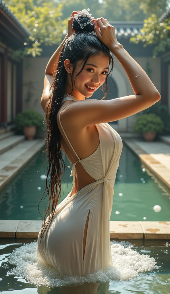 Create an Asian beauty,Hair in a bun,Beautiful big eyes,Regular facial features,Normal limbs,Cute big breasts and buttocks,Proud of your figure,White traditional cheongsam,Hair in a bun,Washing hair with both hands above the head,There are a lot of real bubbles on the head,The hair is covered with white real foam,The expression is happy,The background of the large swimming pool in the ancient courtyard,9:16 frames,Ultra HD painting