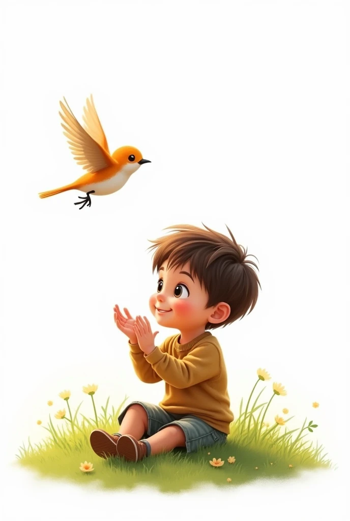 white background,best quality,little smart boy,siting on grass,look at the little bird,raising his hands to the little bird,cute beautiful little bird flying,cute boy smiling