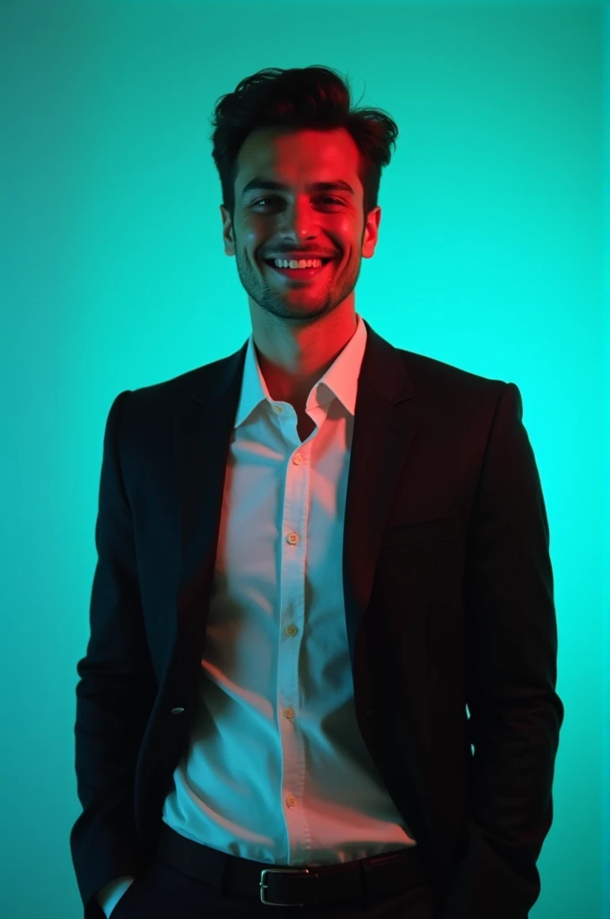A young Man With Dark hair and a confident smile He is Dressed in a black blazer over a white shirt The man is positioned against aqua colour backdrop with a subtle red lighting on t