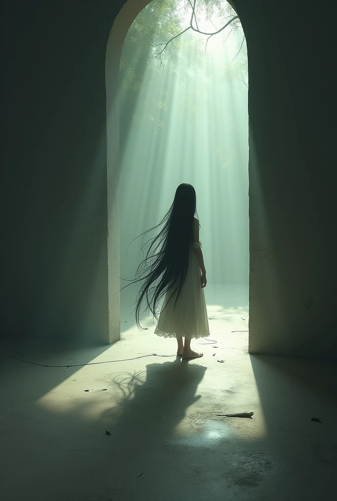 An isolated fantasy girl with long black hair stands alone in a dimly lit room, their shadow stretching long and dark across the floor. The room, though filled with fragments of light, feels heavy and muted. The figure’s gaze is distant, lost in thought, as shards of light seem to float around them, representing their fragile state. The atmosphere is a blend of melancholy and introspection, with a sense of looming fragility.