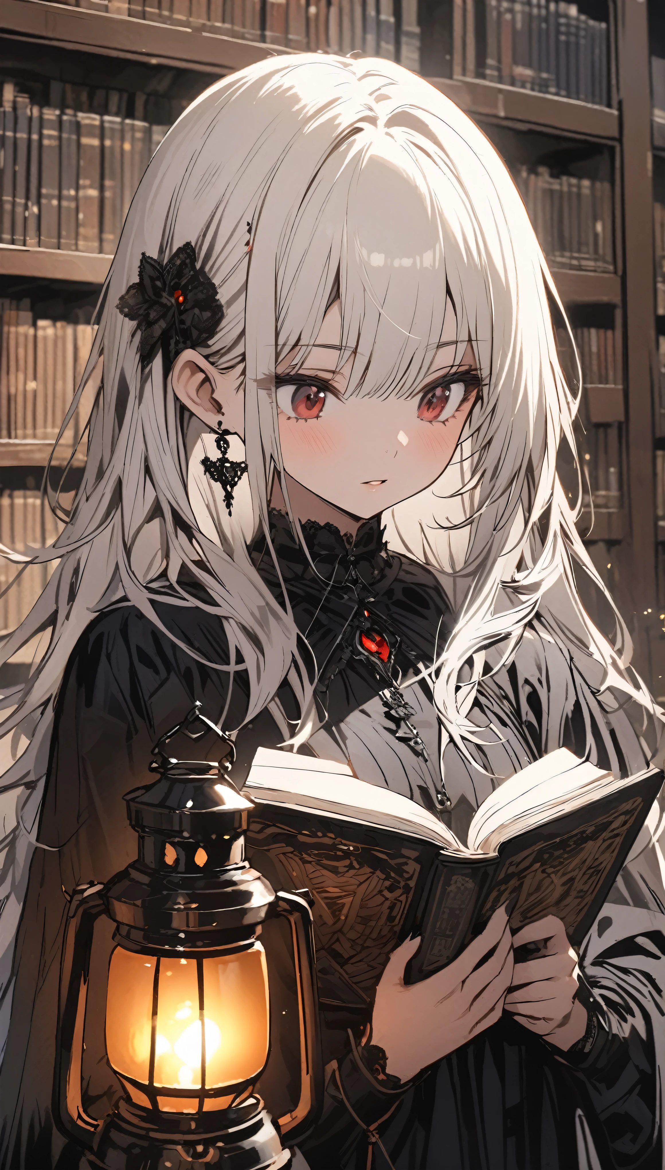 Beautiful girl with white hair,Wearing a black gothic skirt,Standing next to the bookshelf and reading a book,library,A metal lantern is placed nearby.,solo,Character Close-up,Detailed characters