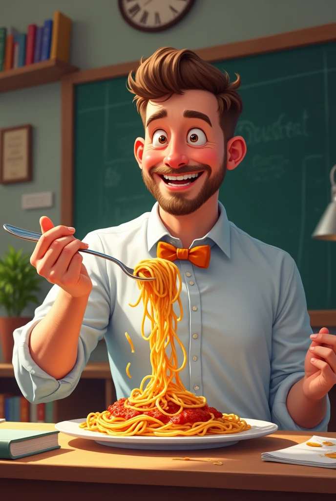 A teacher gay with spaghetti