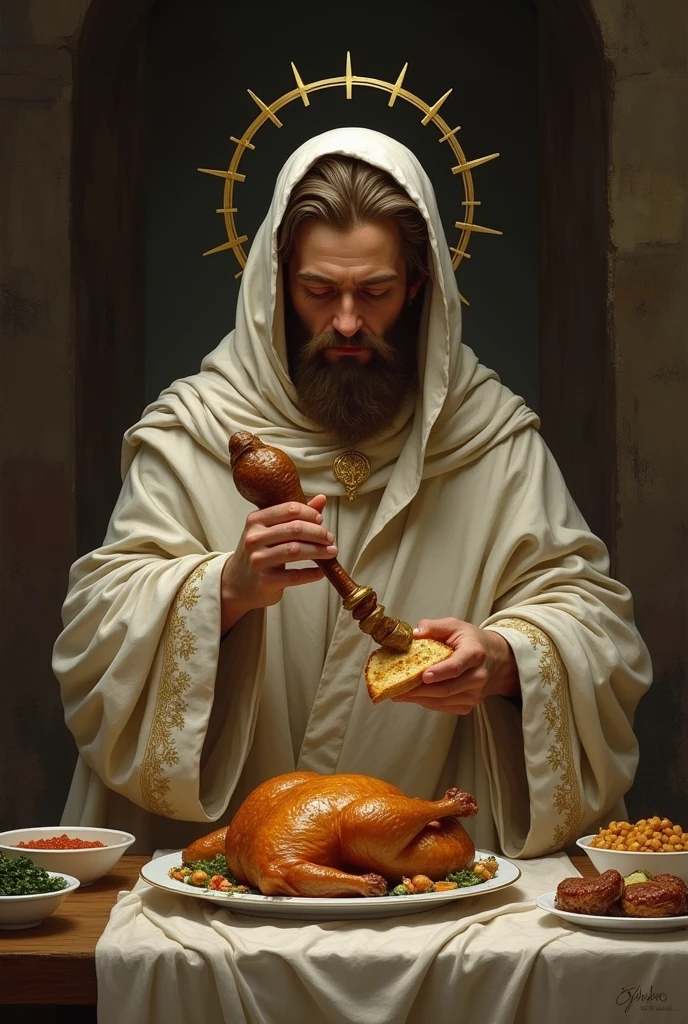 saint eating chicken
