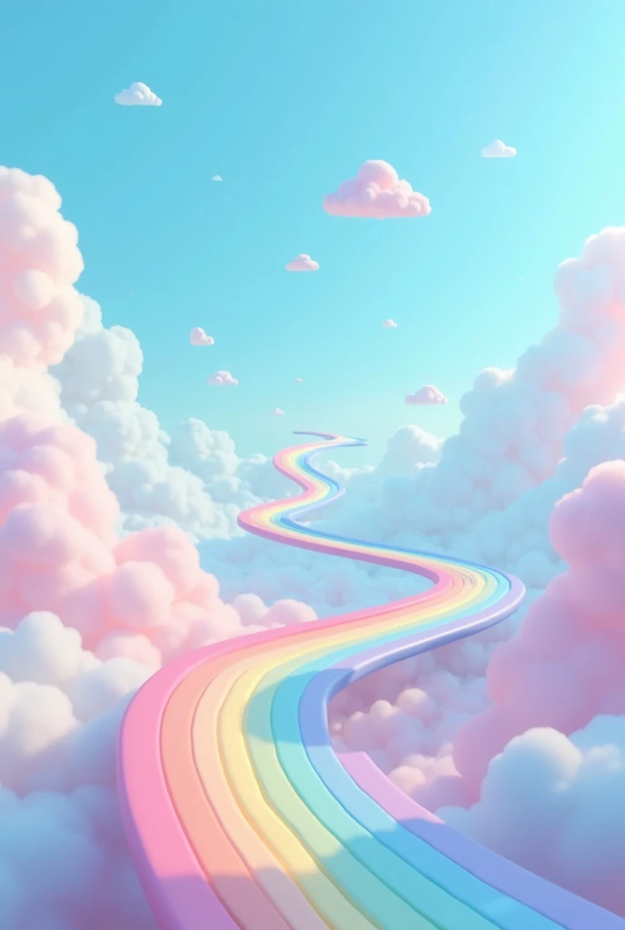 A long rainbow path above the soft pastel-toned blue sky with clouds and sky islands floating in the air, 3D Pixar animation style, Simple and smooth curve expression