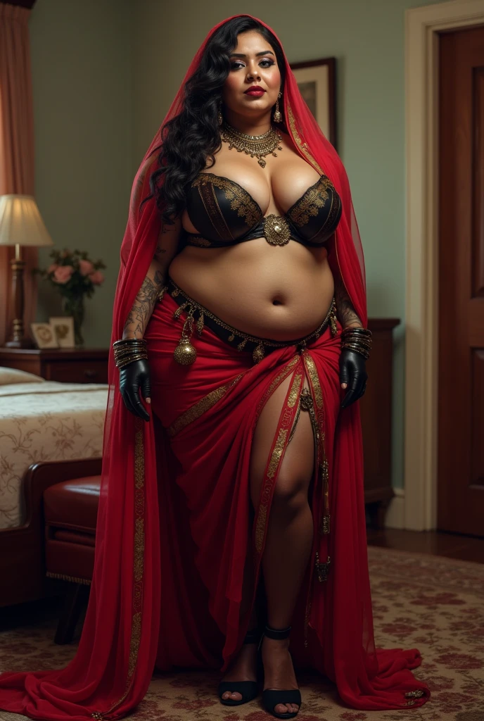 INDIAN CURVY BRIDE, Wet , Kinky , mistress, hunter, Wet BBW PAWG CHUBBY CURVY FAT ASS CURVY mistress her big ass in leather thong and big cleavage in leather bra, dark black lipstick,high heels, inside bedroom , pantyhose, strapon dildo, kinky , femdom, cruel mistress, sex toys,hand gloves with HUNTER and tattoo and strap in neck, Full body picture, VEIL red SAREE