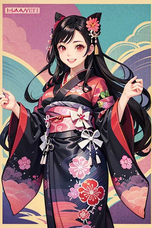A beautiful woman smiles and shows her upper white teeth、Vividly colored Japanese Ukiyo-e style illustrations、SeaArt creates stunning illustrations of beautiful women in kimono、Brown-black long hair、Beautiful full body style、Beautiful digital illustrations,、Beautiful digital painting, Bright and vivid anime CG art, Detailed digital anime art,  Beautiful anime portraits