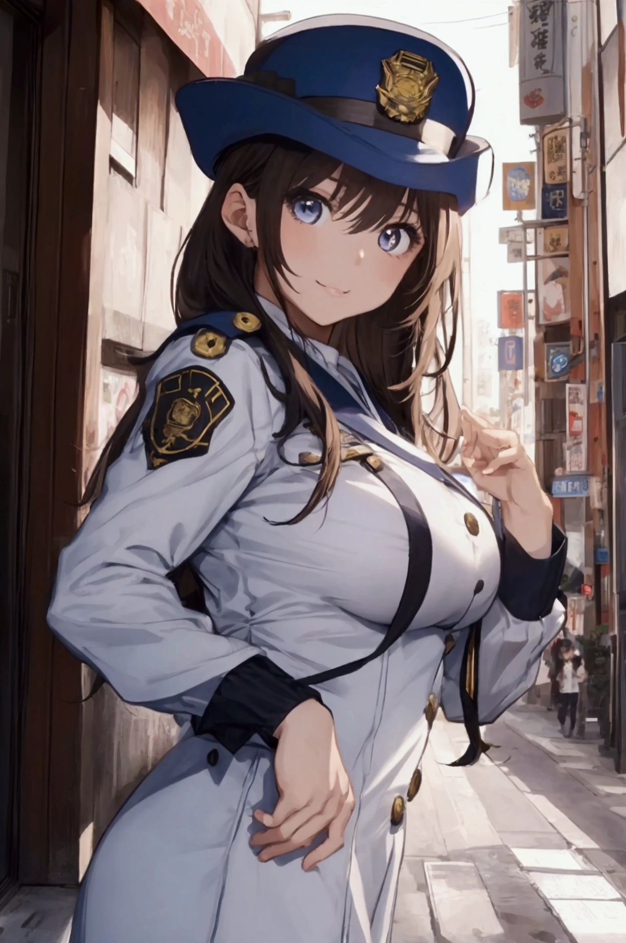 (ultra highres、ultra quality、Masterpiece、8k、),A girl with light hair drawn in high resolution policewoman.japannse police woman、Young and cute 、Asian woman,s hot, Japanese Model, Cute Core, , Chubby 、(big breast)、Town、Fluffy white blouse