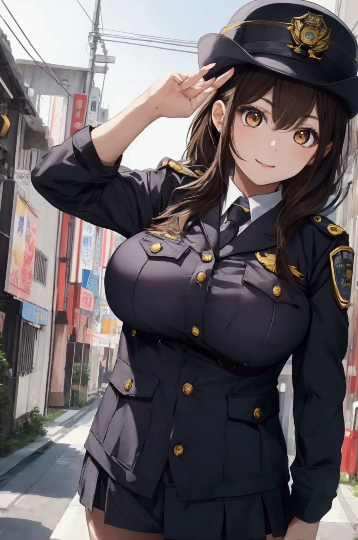 (ultra highres、ultra quality、Masterpiece、8k、),A girl with light hair drawn in high resolution policewoman.japannse police woman、Young and cute 、Asian woman,s hot, Japanese Model, Cute Core, , Chubby 、(big breast)、Town、Fluffy white blouse