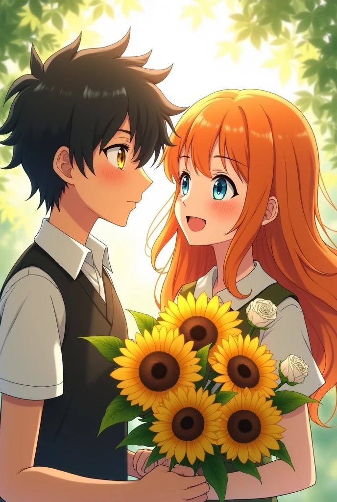 an orange-haired girl wearing a smiling dress holding a bouquet of sunflowers. she has long orange hair, blue eyes, lovely face.
Her boy, is wearing a vest with white roses, he has slightly messy black hair, yellow eyes, and a cold face. anime charaters