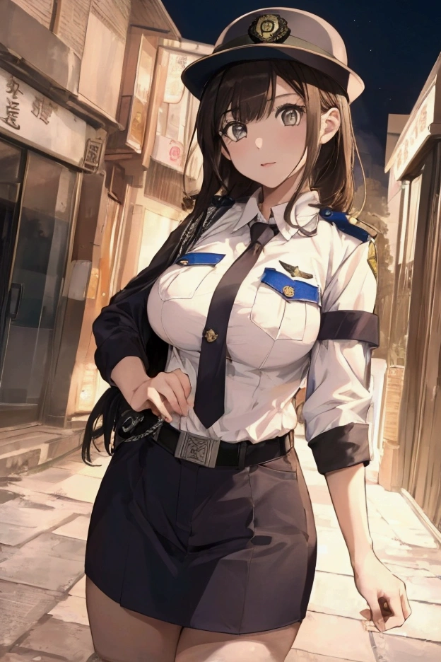 (ultra highres、ultra quality、Masterpiece、8k、),A girl with light hair drawn in high resolution policewoman.japannse police woman、Young and cute 、Asian woman,s hot, Japanese Model, Cute Core, , Chubby 、(big breast)、Town、Fluffy white blouse