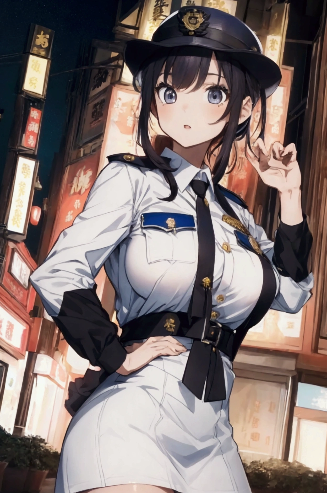 (ultra highres、ultra quality、Masterpiece、8k、),A girl with light  hair drawn in high resolution policewoman.japannse police woman、Young and cute 、Asian woman,s hot, Japanese Model, Cute Core,  , Chubby 、(big breast)、Town、Fluffy white blouse