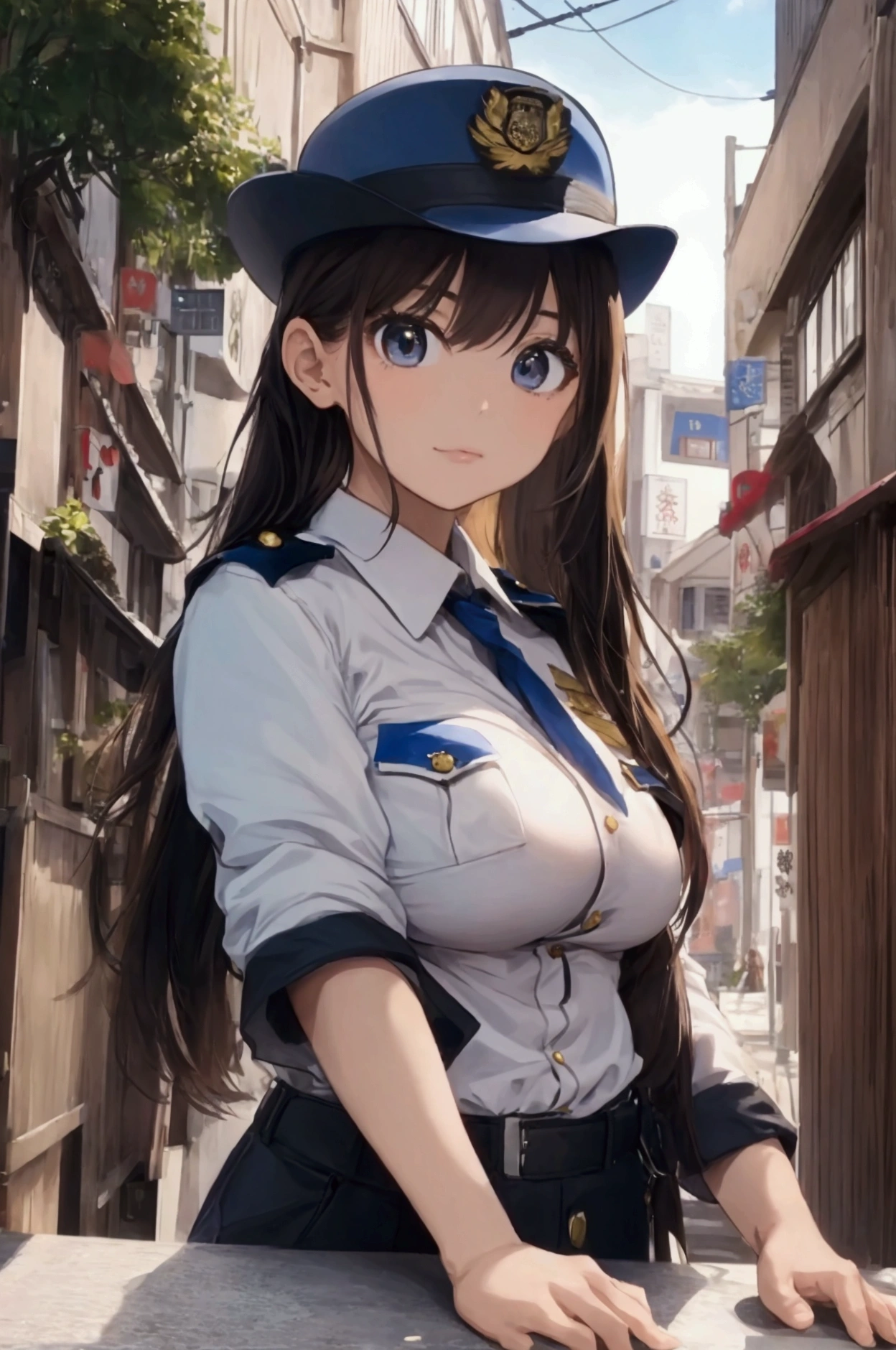 (ultra highres、ultra quality、Masterpiece、8k、),A girl with light hair drawn in high resolution policewoman.japannse police woman、Young and cute 、Asian woman,s hot, Japanese Model, Cute Core, , Chubby 、(big breast)、Town、Fluffy white blouse
