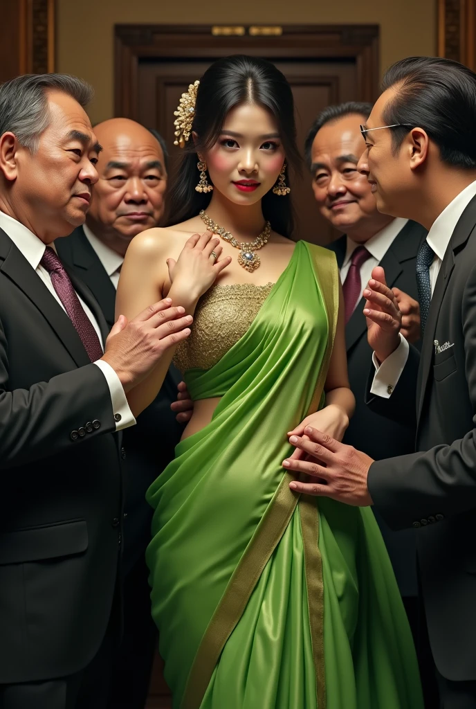  Korean girl wearing green indian silky saree, indian traditional hair style, big chest surrounded by old japanese fat businessman putting their hands on her, her face expression naughty 