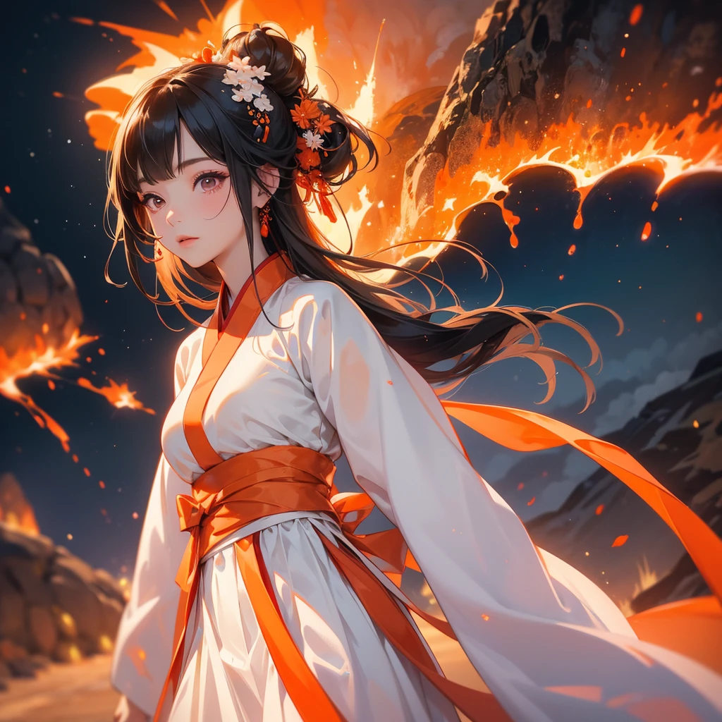 A beautiful female in white hanfu dress , Standing in the middle of Background is a volcano, lava erupting orange-red. close up.