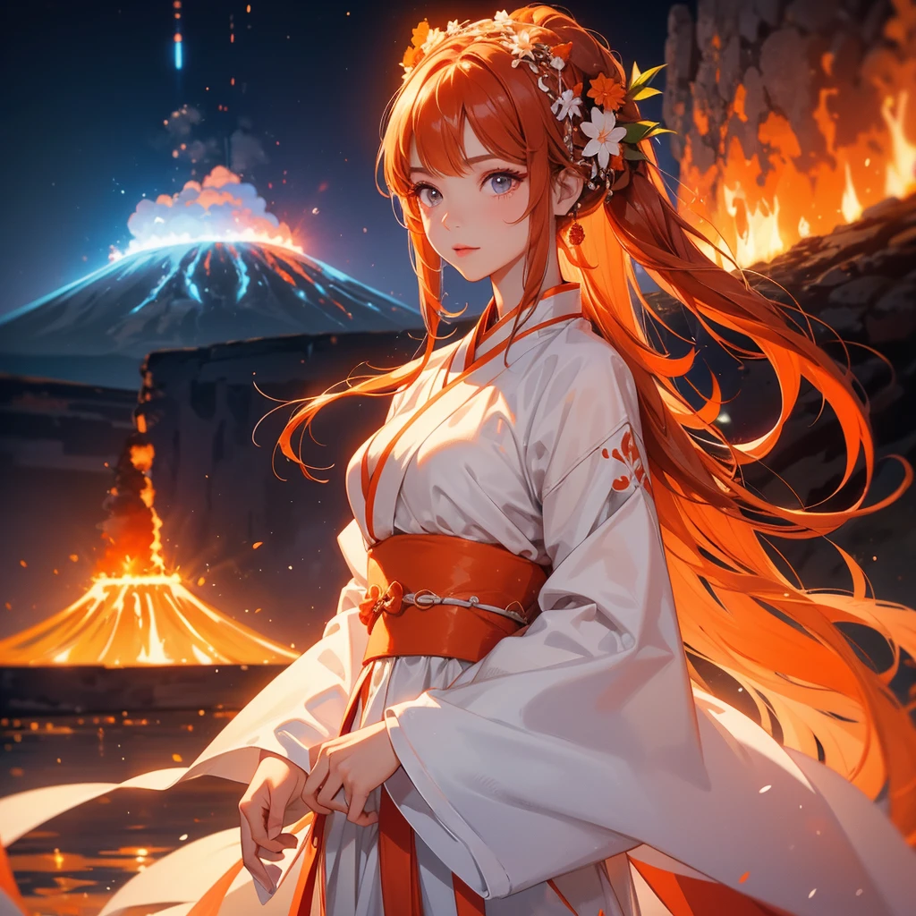 A beautiful female in white hanfu dress , Standing in the middle of Background is a volcano, lava erupting orange-red. close up.