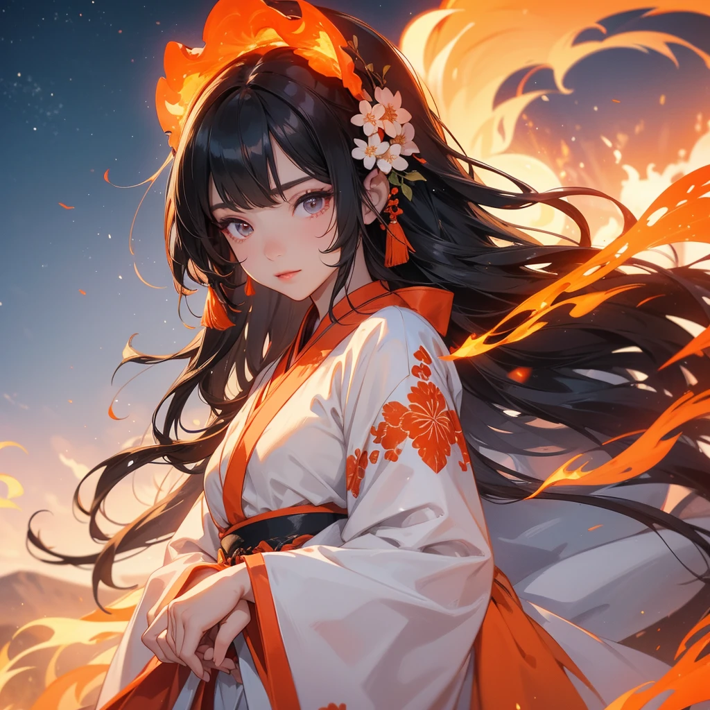 A beautiful female in white hanfu dress , Standing in the middle of Background is a volcano, lava erupting orange-red. close up.