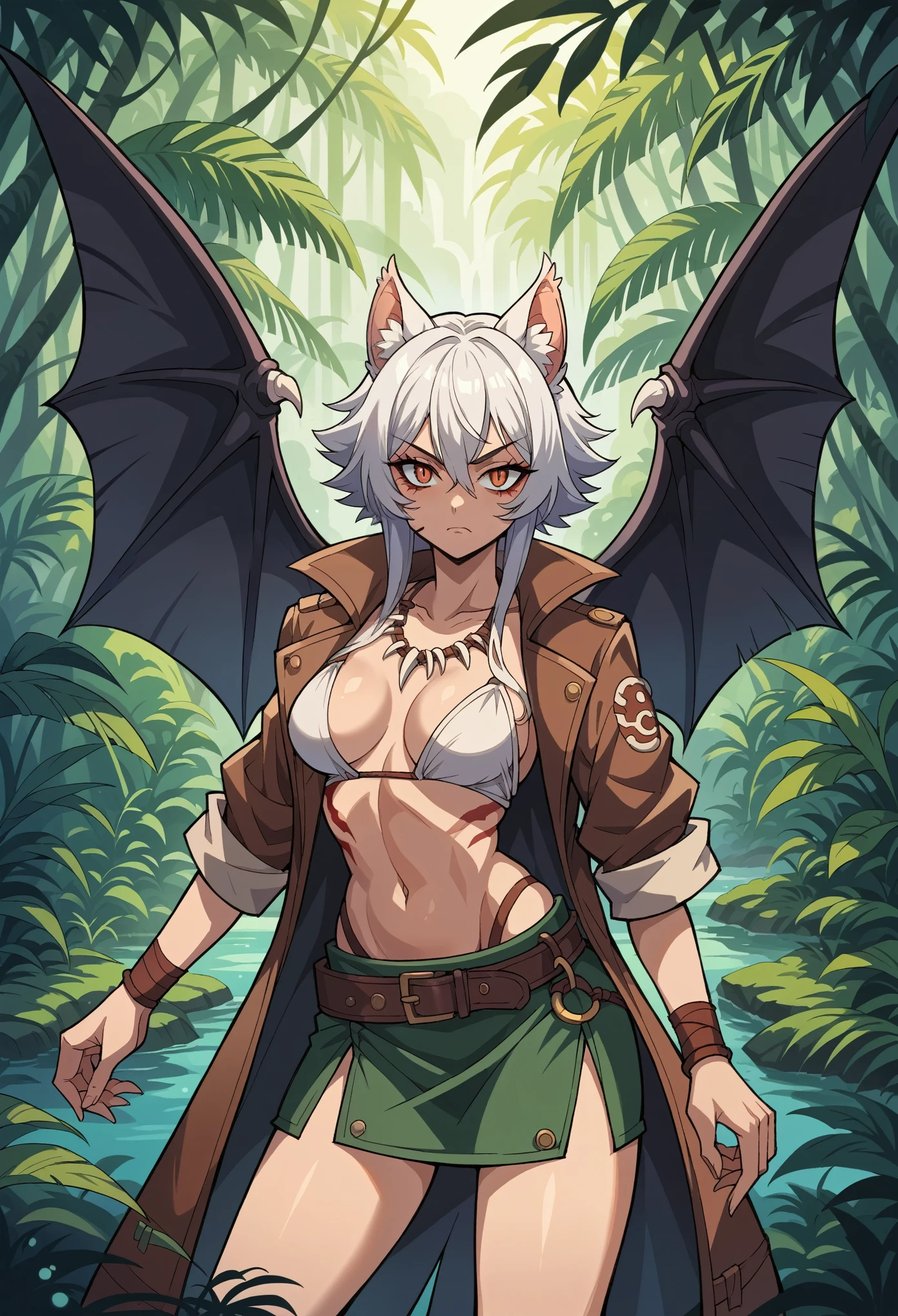 score_9, score_8_up, score_7_up, score_6_up, score_5_up, score_4_up, BREAK source_anime, rating_safety,
(savage, tribal, jungle)_vampire [white hair|black hair], bat fur, coat|wings, long_fengs, extremely_detailed_(tribal, jungle)_tight_(clothing, skirt), metallic reflections, rune_tatoo, tropical city ruins fog, 1girl, natural breasts, masterpiece, best quality, beautiful and aesthetic:1.2, fractal art:1.4