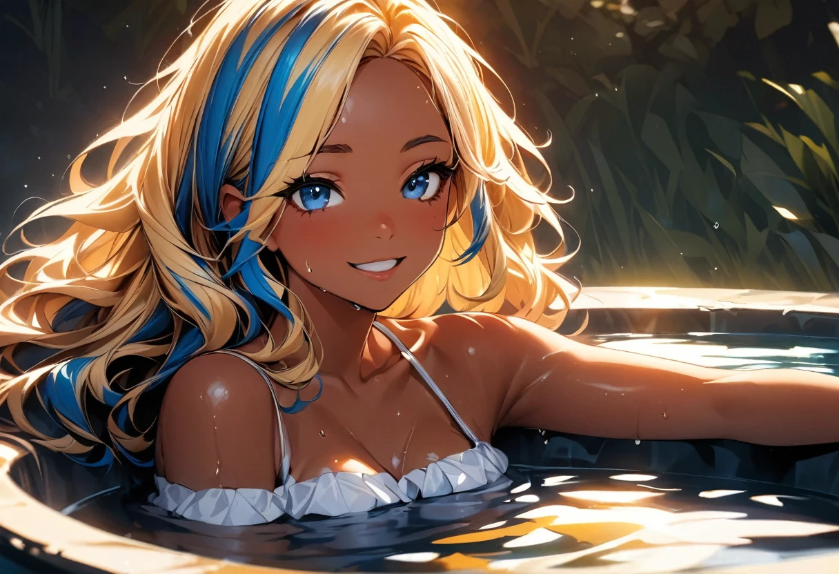 (highest quality:1.2, Very detailed, up to date, Vibrant, Ultra-high resolution, High Contrast, masterpiece:1.2, highest quality, Best aesthetics), Portraiture、girl、slim:1, Bright colors、Beautiful fine details、Beautiful lip detail、long hair, ((wavy hair:0.4))、messy hair, blonde and blue ((streaked hair:1.3)), highlights hair: 1.3, (medium breast:1), (tan skin:1.3), taking a bath, happy, relaxing, wet hair, cowboy shot