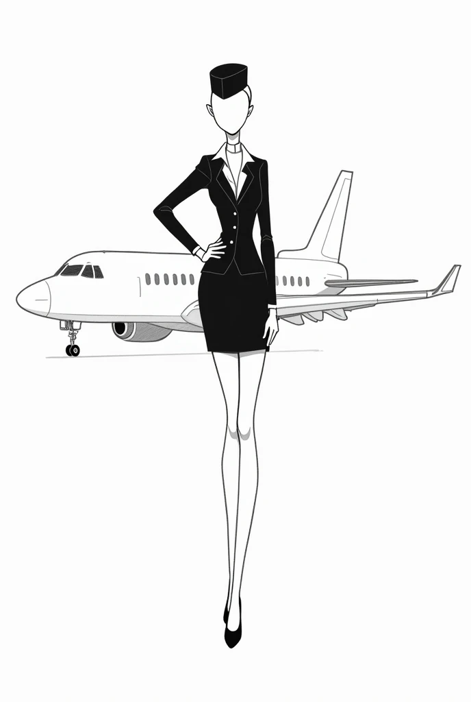 A skiny Flight Attendant Model No Face with an Aircraft behind her, drawing draft sketc in black and white.