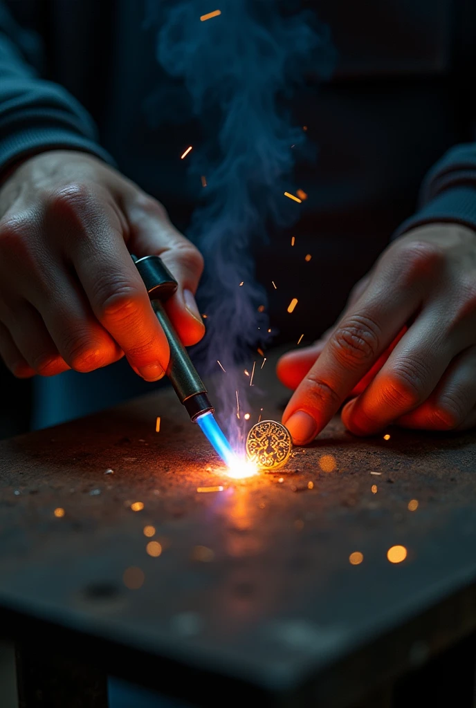 hands welding an earring with fire