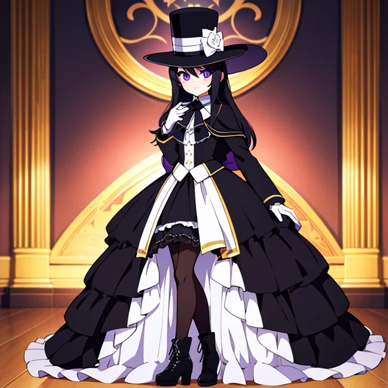 Full body, beautiful eyes ,(Phantom Thief) ,Black hair , Purple eyes , black and white ballgown , Ballgown, 1 girl  , full body , cute girl , anime style , cute eyes  , (standing up) , monocle, top hat, black coat, white ascot, black skirt, white gloves, pantyhose, boots , gold designs on outfit , (beautiful eyes) , black cloak