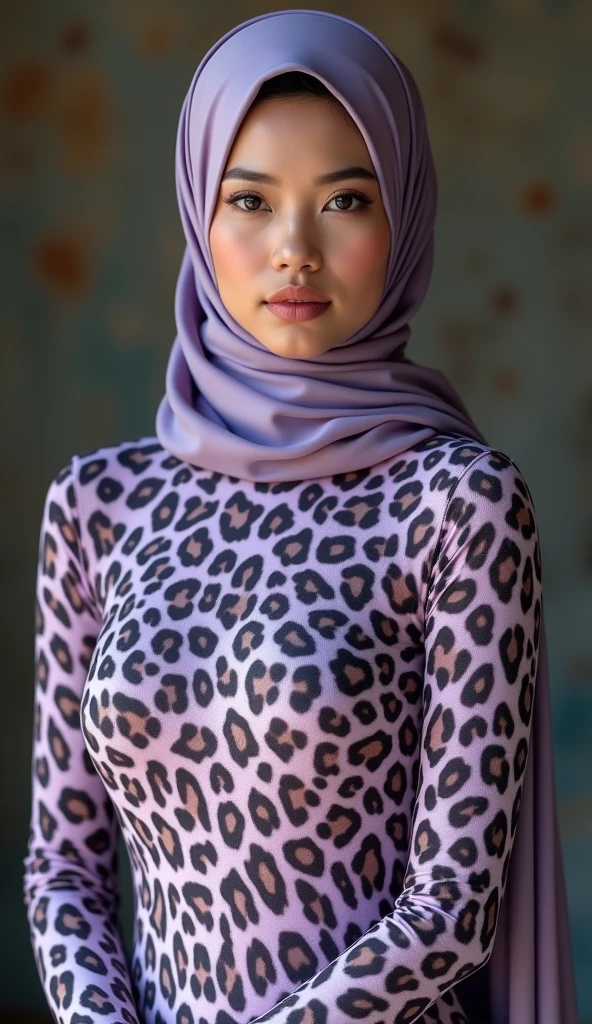 a most beautiful Asian muslimah woman with light purple leopard print hijab wears leopard print unitard catsuit.She always wear leopard print hijab.