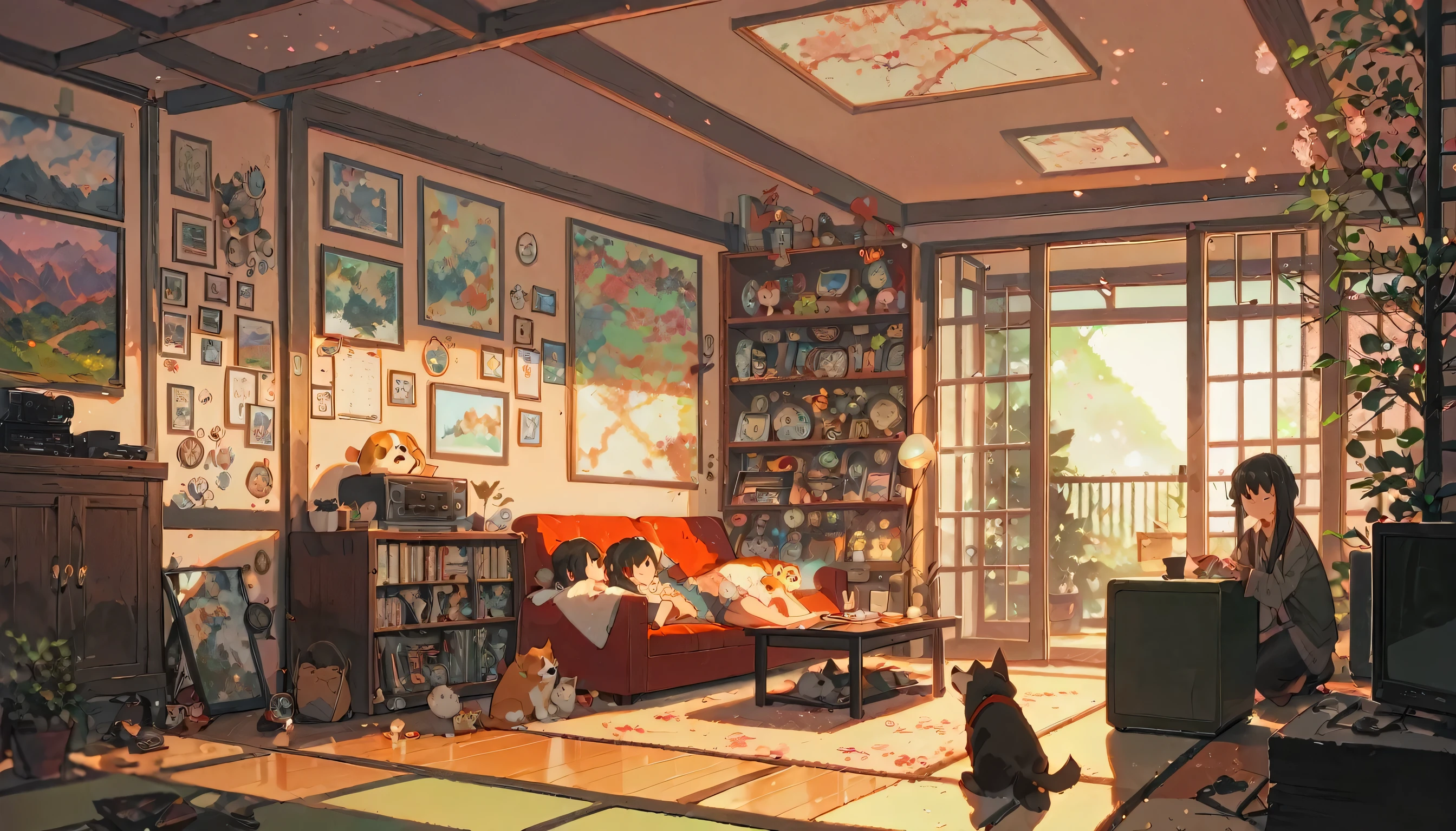 ((japanese cartoon movies:1.4,illustration)),(masterpiece, top quality, best quality),(very detailed, absolute resolution),((16,000, high resolution)), (((interior, small living room, Planetarium across the ceiling, Looking for a boy and a dog)) ((cosy lofi illustration:1.4)), ((japanese cartoon movies:1.4, illustration)),(masterpiece, top quality, best quality),(very detailed, absolute resolution),((16,000, high resolution)) break {Lofi Art, Lori Grizzly Style, Makoto Shinkai style, japanese cartoon movies aesthetic}, break { (Create images with over 40 million pixels of information with cinematic, detailed textures captured with a Sony SLR..).}