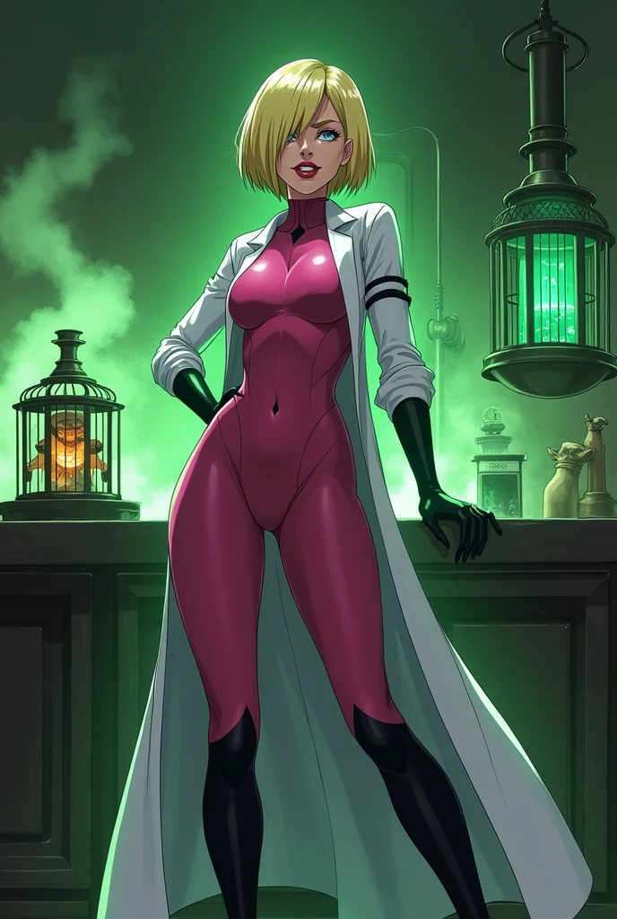 Anime style, Sultry and Beautiful young woman with a soul of pure evil and hatred. Short blonde hair that covers her left eye and blue eyed supervillain dressed in a sleek skintight pink bodysuit, long black gloves and black calf high boots. A long white lab coat over her bodysuit competes the look. She is posing and emanating green energy. She has a smile crossing her thin red lips. The setting is a dirty laboratory with a captured costumed hero in a cage. She is creating poisons in a lab.