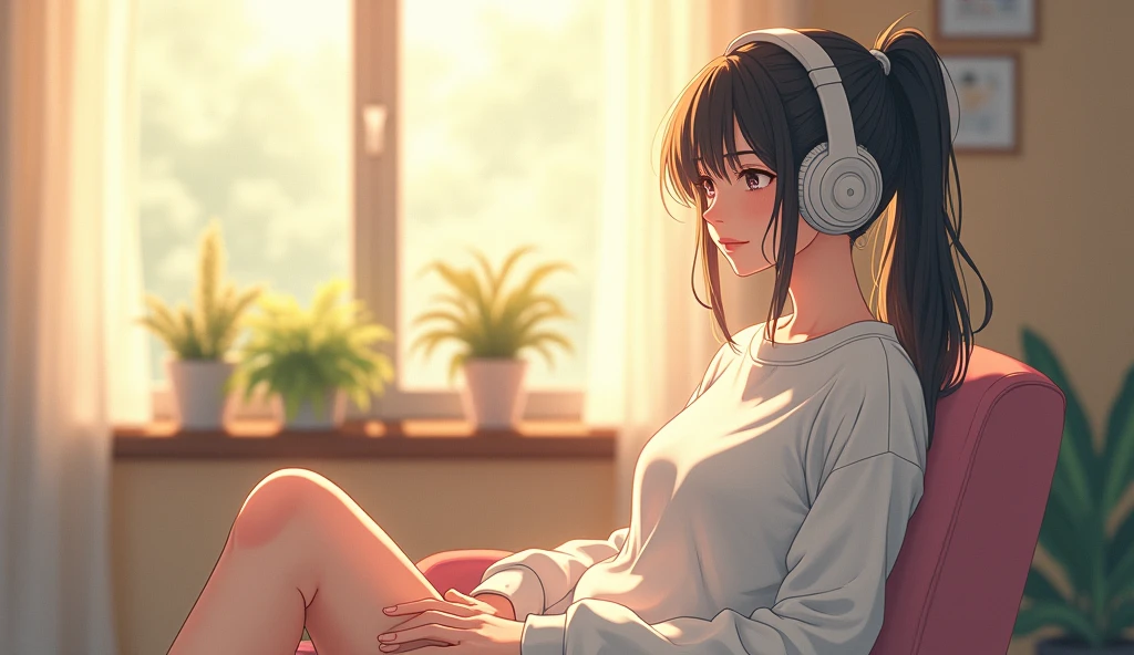 morning、Listen to music in the room、Sit on a chair、high school girl、Big Breasts、 relax、White sweatshirt、ponytail、Use headphones, Bright environment、2D-style animation, Lo-Fi、Retro、Anime style illustrations、Line art with clear outlines